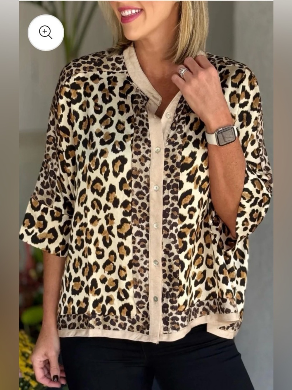 GigiO Khaki Mixed Leopard Patchwork 3/4 Sleeve Loose Shirt M Fits up to 2X NWT